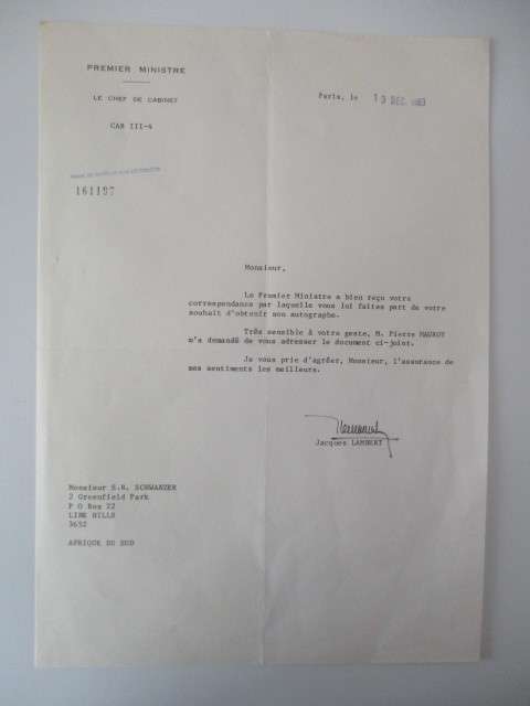 PRINTED AUTOGRAPH  - PIERRE MAUROY  -FRENCH POLITICIAN
