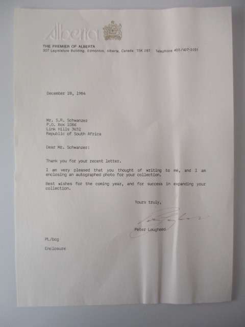 AUTOGRAPHED / SIGNED - PETER LOUGHEED - CANADIAN POLITICIAN