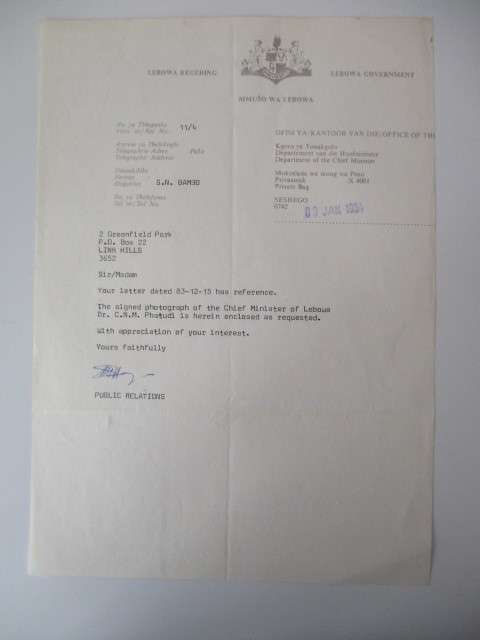 AUTOGRAPHED / SIGNED - DR . CEDRIC PHATUDI  - PRESIDENT OF LEBOWA 1984