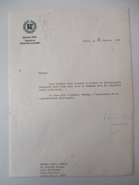 AUTOGRAPHED / SIGNED - SIMONE VEIL - 12TH  PRESIDENT OF FRANCE AND LETTER
