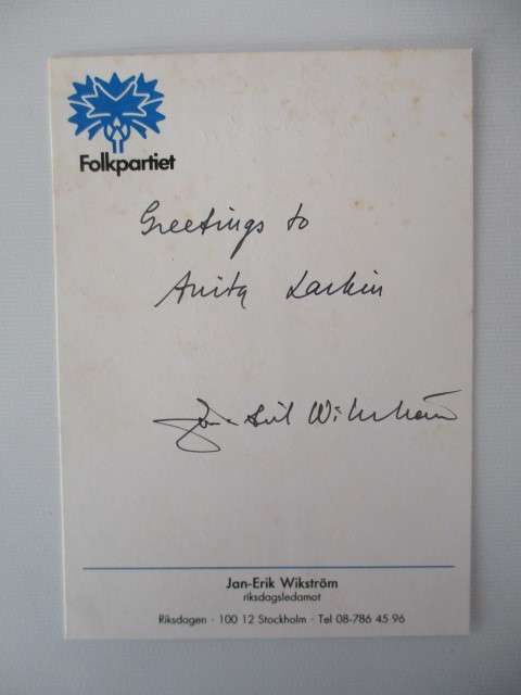 AUTOGRAPHED / SIGNED - JAN-ERIK WIKSTROM SWEDISH PUBLISHER  AND POLITICIAN