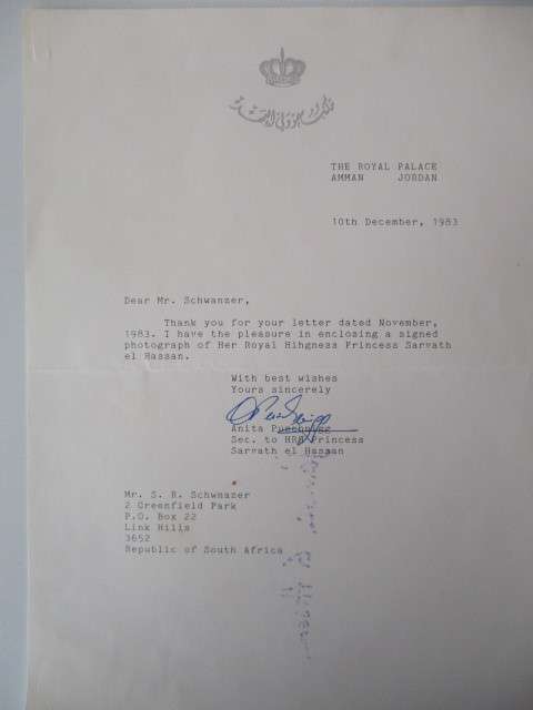AUTOGRAPHED / SIGNED -  HER ROYAL HIGHNESS SARVATH EL HASSAN OF JORDAN