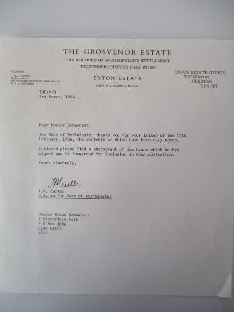 AUTOGRAPHED / SIGNED -  DUKE OF WESTMINISTER  GERALD GROSVENOR