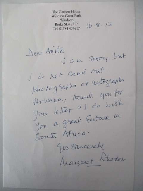 AUTOGRAPHED / SIGNED - HAND WRITTEN LETTER MARGARET RHODES THE QUEENS COUSIN