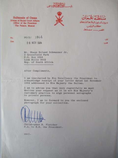 PHOTOGRAPH AND PRINT AND LETTER THE SULTAN OF OMAN