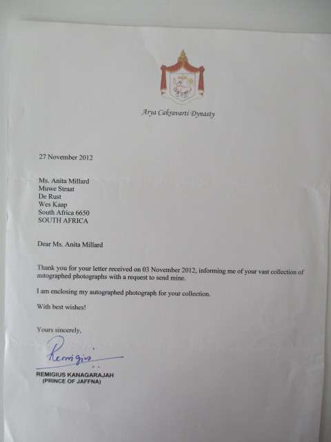 AUTOGRAPHED / SIGNED - PRINCE REMIGIUS KANAGARAJAH OF JAFFNA