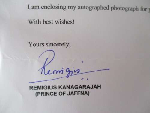 AUTOGRAPHED / SIGNED - PRINCE REMIGIUS KANAGARAJAH OF JAFFNA