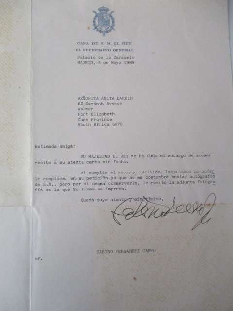 PRINTED AUTOGRAPH KING CARLOS JUAN OF SPAIN AND LETTER A4 SIZE