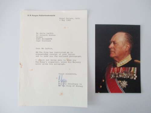 PHOTOGRAPH OF KING OFNORWAY  AND LETTER  1989
