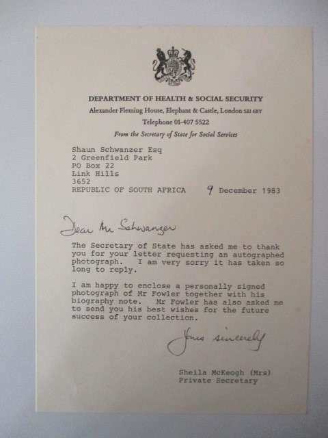 AUTOGRAPHED / SIGNED - NORMAN FOWLER HOUSE OF LORDS SECRETARY OF STATE UK