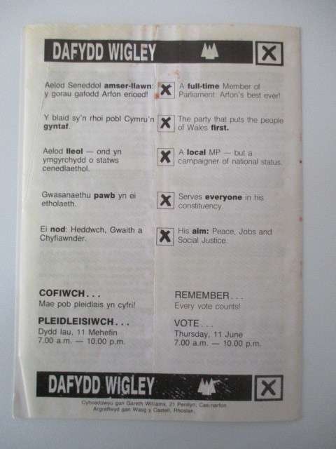 AUTOGRAPHED / SIGNED - DAFYDD WIGLEY HOUSE OF LORDS  SIGNED PRE ELECTION FLYER