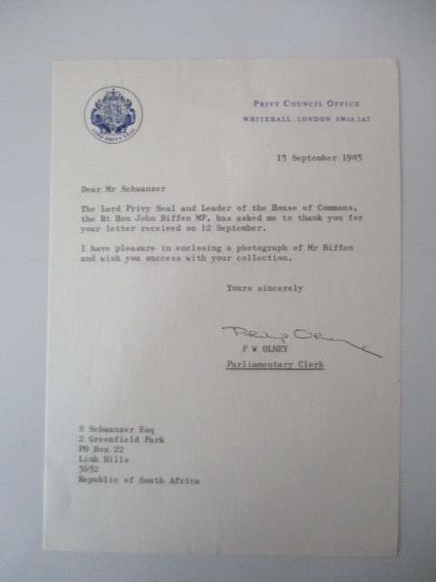 AUTOGRAPHED / SIGNED - JOHN BIFFEN  MP    LORD PRIVY SEAL