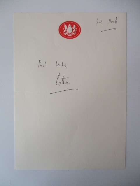 AUTOGRAPHED / SIGNED -  LORD LOTHIAN?  HOUSE OF LORDS CREST LETTERHEAD