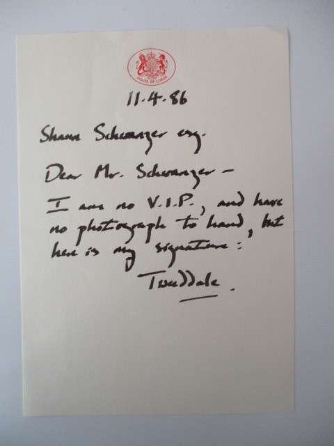 AUTOGRAPHED / SIGNED - LORD TWEEDDALE  HOUSE OF LORDS