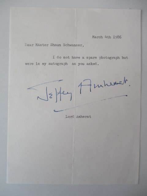 AUTOGRAPHED / SIGNED - LORD AMHERST  1986