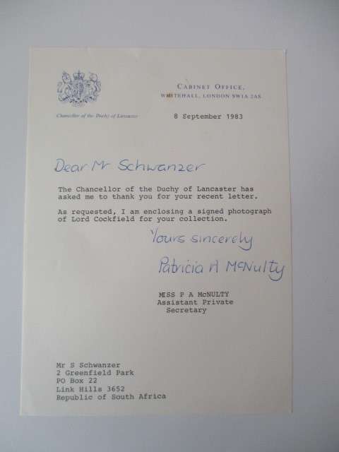 AUTOGRAPHED / SIGNED -  LORD COCKFIELD  CHANCELLOR OF THE DUCHY