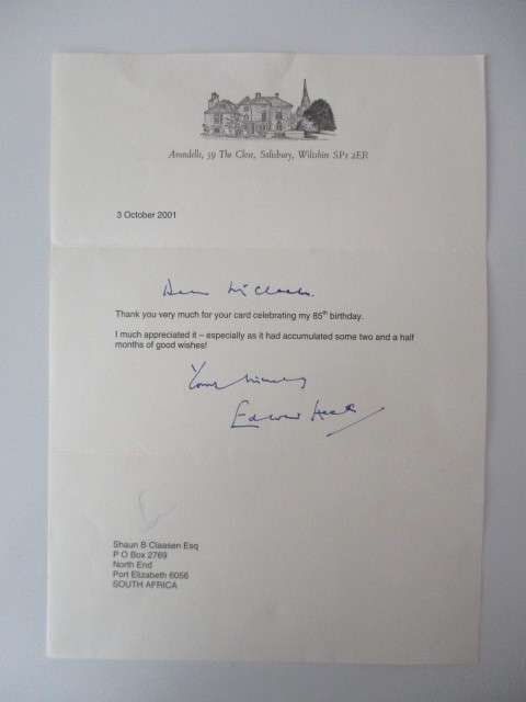 AUTOGRAPHED / SIGNED - FORMER PRIME MINISTER OF ENGLAND SIR EDWARD HEATH