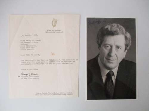 AUTOGRAPHED / SIGNED - DR. GARRET FITZGERALD THE TAOISEACH  AND LETTER