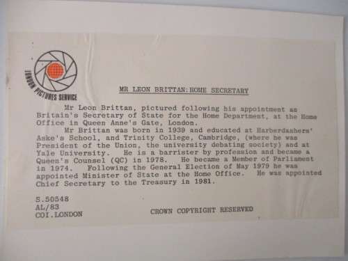 AUTOGRAPHED / SIGNED - RT HON. LEON BRITTAN  AND LETTER