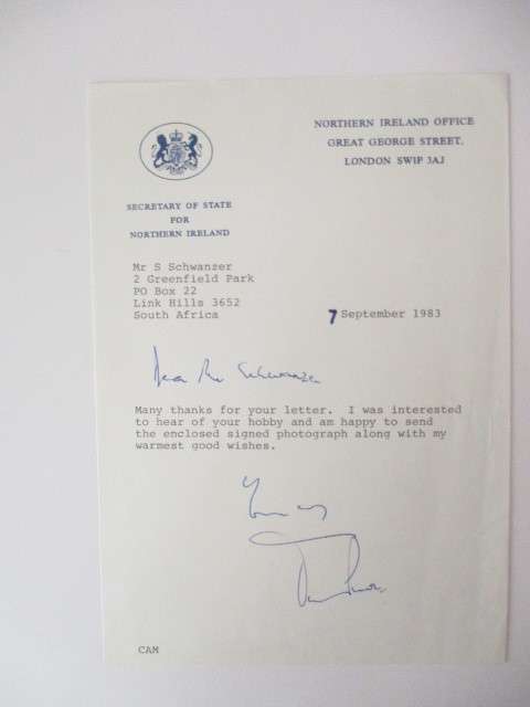 AUTOGRAPHED / SIGNED - JAMES PRIOR - SECRETARY OF STATE NORTHERN IIRELAND