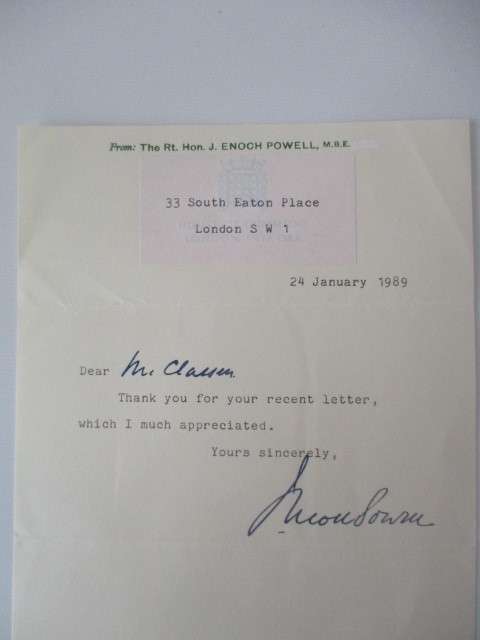 AUTOGRAPHED / SIGNED - RT HON. ENOCH POWELL  UK POLITICIAN