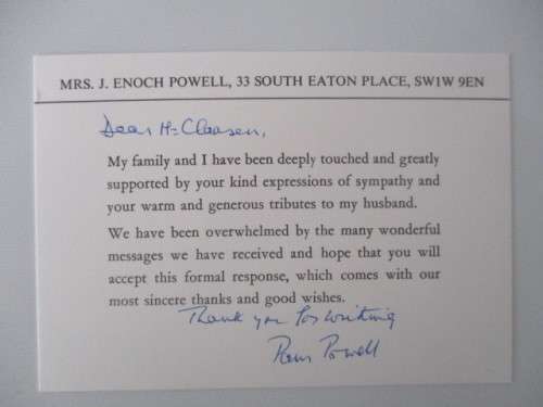 AUTOGRAPHED /SIGNED MRS PAM POWELL  THANK YOU CARD