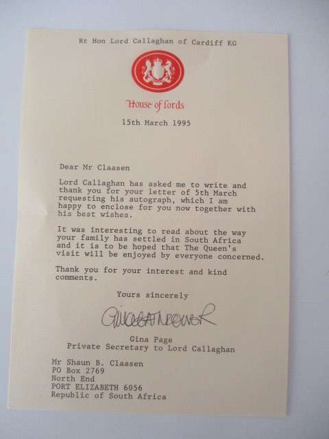 AUTOGRAPHED / SIGNED - LORD CALLAGHAN FORMER PRIME MINISTER OF ENGLAND