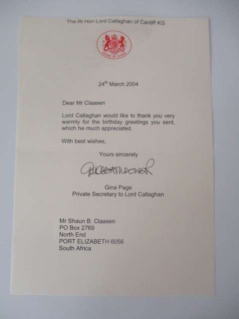 AUTOGRAPHED / SIGNED - LORD CALLAGHAN FORMER PRIME MINISTER OF ENGLAND