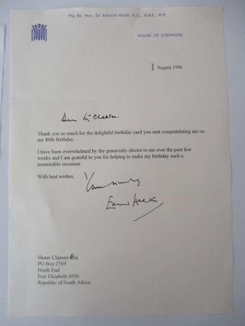 AUTOGRAPHED / SIGNED - SIR EDWARD HEATH  FORMER PRIME MINISTER OF ENGLAND