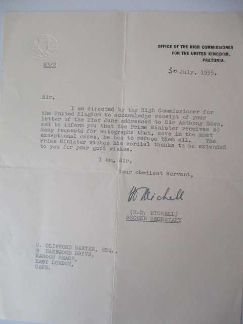 VINTAGE LETTER TO SIR ANTHONY EDEN FORMER PRIME MINISTER OF THE UK 1955