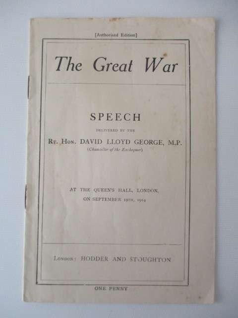 ANTIQUE SPEECH THE GREAT WAR BY DAVID LLOYD GEORGE MP  1914