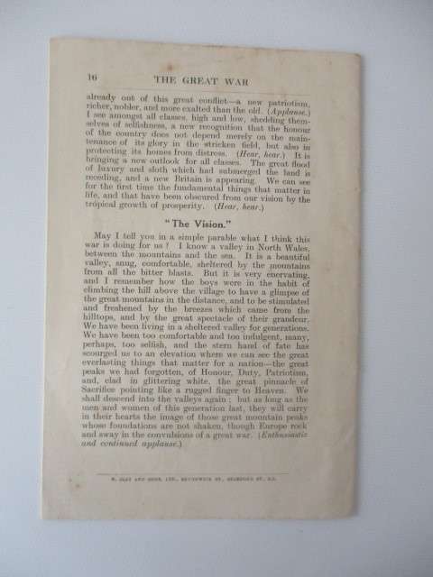 ANTIQUE SPEECH THE GREAT WAR BY DAVID LLOYD GEORGE MP  1914