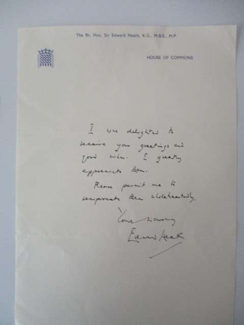 AUTOGRAPHED / SIGNED SIR EDWARD HEATH AND PRINTED LETTER FOR UK PRIME MINISTER