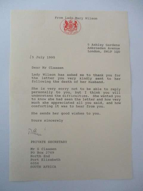 LADY WILSON LETTER  SIR HAROLD WILSON MEETS ROGER MOORE 007 JAMES BOND