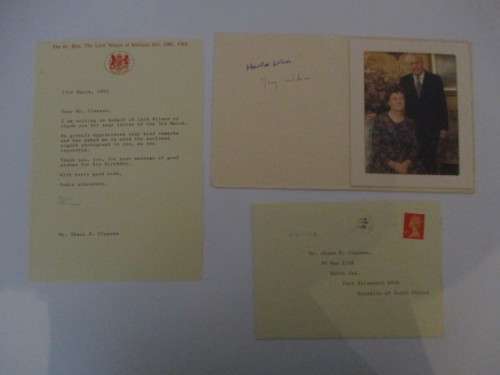 AUTOGRAPHED / SIGNED THANK YOU CARD OF LORD WILSON FORMER UK PRIME MINISTEROF ENGLAND