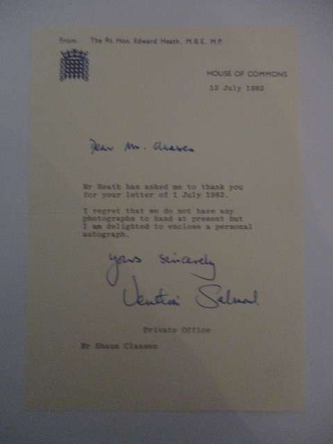 AUTOGRAPHED / SIGNED SIR EDWARD HEATH FORMER PRIME MINISTER OF ENGLAND