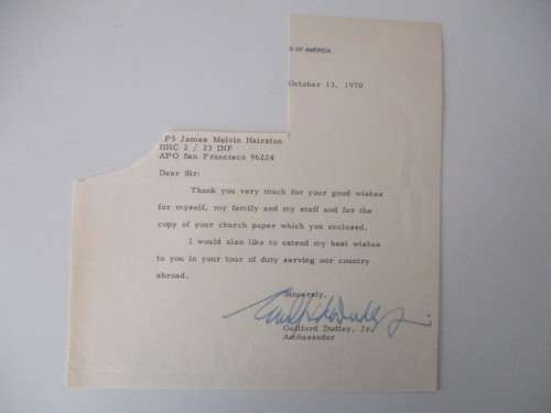 AUTOGRAPHED / SIGNED - GUILFORD DUDLEY JR SIGNED LETTER  1970