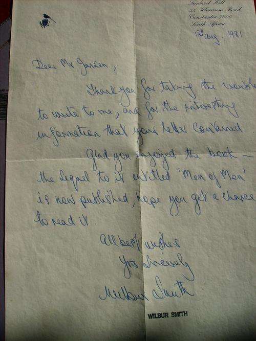 Autograph and letter Wilbur Smith all original !!!!