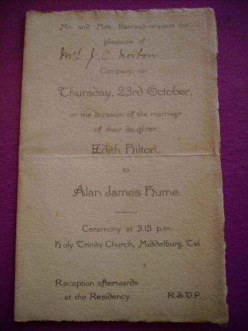 Wedding invite for Edith to Alan 1900  enquire about postage