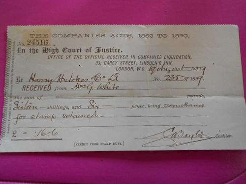 Antique Liquidation receipt 1899 very nice piece The High Court of Justice