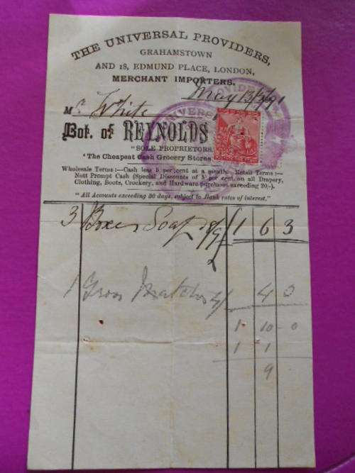 Antique Receipt from The Universal Providers 1891 and Cape Good Hope stamp
