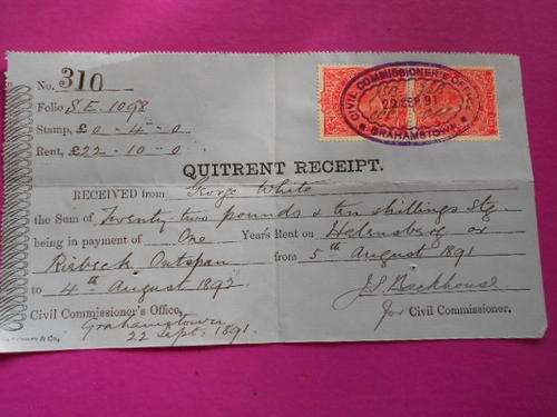 Antique quitrent Receipt 1891 with Queen Victoria Stamps great piece