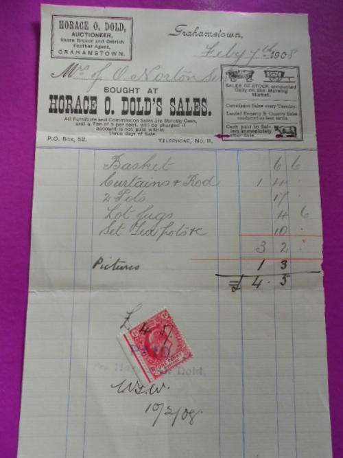 Antique Receipt Horace O. Dold's Sales 1908 - Around time of the Boer War and stamp