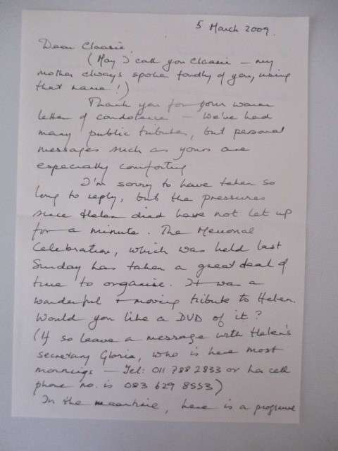 HANDWRITTEN LETTER - ACTIVIST  POLITICIAN HELEN SUZMAN DEATH  MEMORIAL BY DAUGHTER