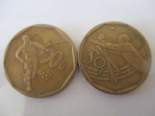 SOUTH AFRICA - 50c COINS - X2 CRICKET AND SOCCER COINS  - 2002 -2003  (5)