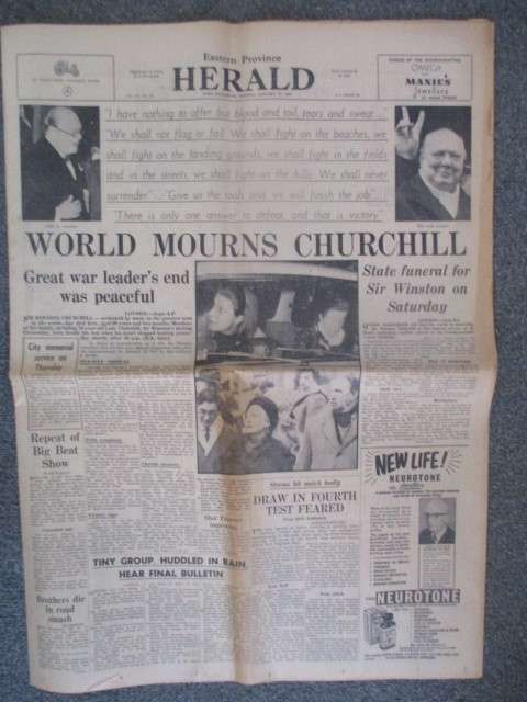 VINTAGE NEWSPAPER - EASTERN PROVINCE HERALD - WORLD MOURNS CHURCHILL - 1965