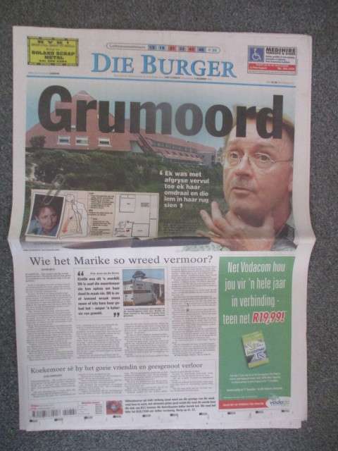 VINTAGE NEWSPAPER - DIE BURGER - GRUMOORD 2001  MARIKE DE KLERK