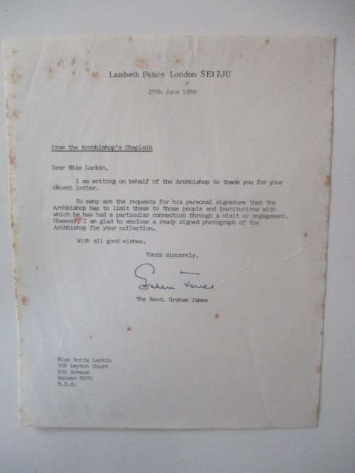 PRINTED AUTOGRAPH AND LETTER - ARCHBISOP ROBERT CONSTANCE WHO MARRIED  PRINCESS DIANA