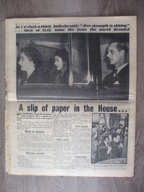 VINTAGE NEWSPAPER - DEATH OF QUEEN MARY - DAILY SKETCH 1953