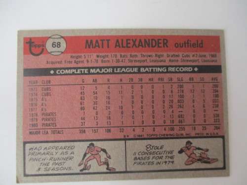 AUTOGRAPHED / SIGNED - MATT ALEXANDER - PIRATES -  BASEBALL CARD